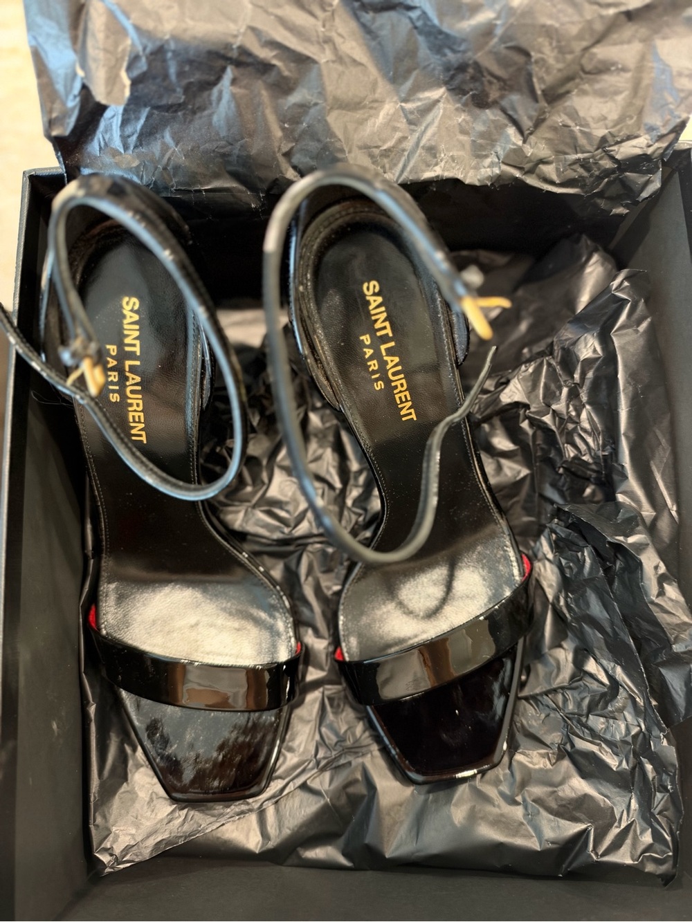 Saint Laurent Black Patent Leather Ankle-Strap Heels